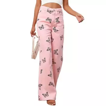 Свободные повседневные широкие брюки; Длинные джинсы с высокой талией; Прямые джинсы; Цвет розовый