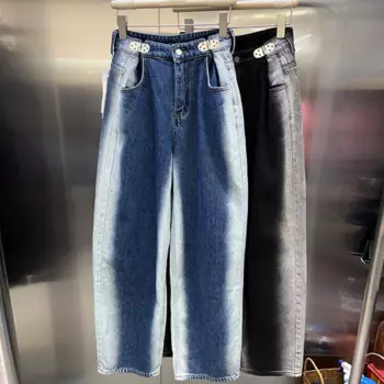 Свободные прямые джинсы, женские весенние широкие брюки с высокой талией и пряжкой, длинные брюки