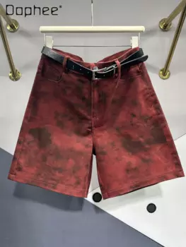 Свободные темно-красные джинсовые брюки средней длины для женщин, новинка весны 2024, женские прямые широкие джинсы с высокой талией для похудения