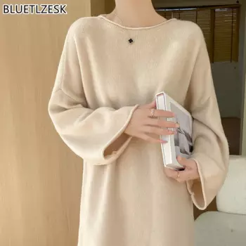 Свободный кашемировый свитер большого размера, женский корейский вязаный пуловер средней длины из 100% чистой мериносовой шерсти во французском стиле с круглым вырезом, джемпер на осень и зиму