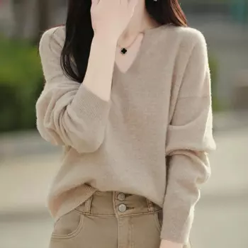Свободный полуоткрытый шерстяной пуловер для женщин, осенний однотонный повседневный и маленький вязаный джемпер с длинными рукавами и v-образным вырезом