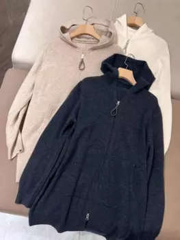 Свободный вязаный шерстяной кардиган на молнии с капюшоном