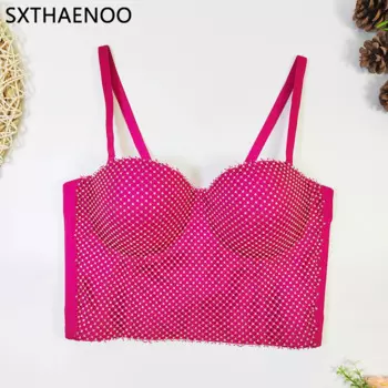 SXTHAENOO новый элегантный женский сексуальный корсет на тонких бретельках со стразами и сеткой, женский укороченный корсет, топы со встроенными бюстгальтерами, Майки