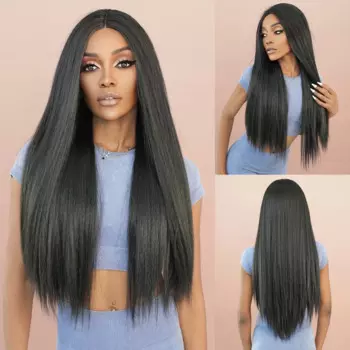 T-Part Lace Yaki натуральный черный длинный прямой парик из химического волокна