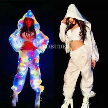 Танцевальная одежда с электронным освещением, цветная светодиодная куртка с капюшоном, штаны, наряды, женская одежда для бара, ночного клуба, сексуальная одежда для сцены, костюм джаза, DS