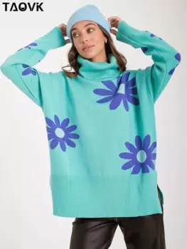 TAOVK женские вязаные повседневные свитера с цветами, топ, водолазка, пуловеры, трикотаж, верхняя одежда с разрезом подол, свободный джемпер с длинными рукавами