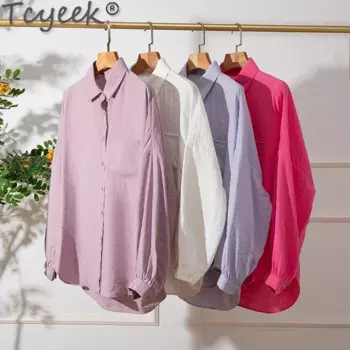 Tcyeek 76% шелковая рубашка шелковицы Элегантные женские рубашки Летняя одежда 2024 Женские топы с воротником-поло с длинным рукавом Рубашка Женская