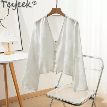 Tcyeek 93% шелковая рубашка шелковицы для женщин Элегантные женские рубашки Летняя одежда Женские топы с длинными рукавами Повседневная рубашка Женская