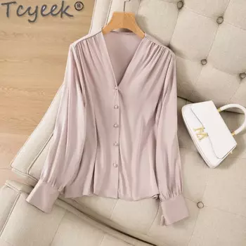 Tcyeek 93% шелковая рубашка шелковицы для женщин 2024, элегантные женские рубашки, летняя одежда, женский топ с длинными рукавами, повседневная рубашка Женская