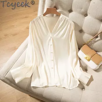 Tcyeek 93% шелковая женская рубашка шелковицы Элегантные женские рубашки Летняя одежда 2024 Женские топы с v-образным вырезом и длинным рукавом Рубашка Женская