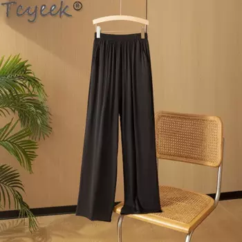 Tcyeek 93% шелковые черные брюки, женская одежда, широкие брюки с высокой талией, женские летние длинные брюки, Pantalones Mujer