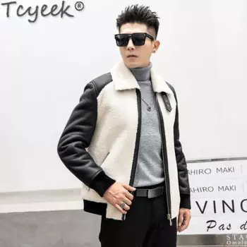 Tcyeek Модные мужские Куртки из натуральной кожи короткое меховое пальто из натуральной овчины Зимняя шерстяная куртка мужская одежда повседневные меховые пальто
