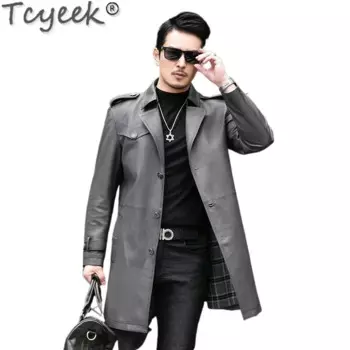 Tcyeek мужские куртки из натуральной кожи Тренч средней длины Осенняя одежда Мужская кожаная куртка Пальто из натуральной яловой кожи Jaqueta Couro