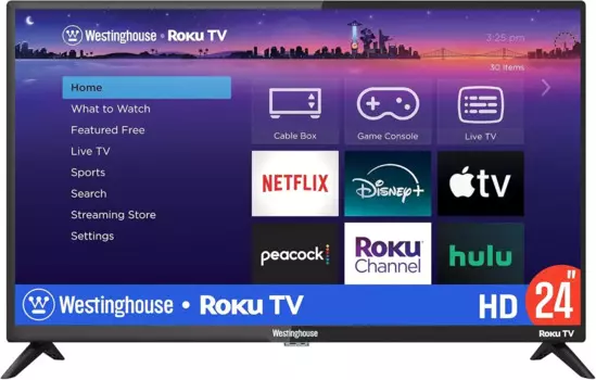Телевизор Roku — 24-дюймовый Smart TV, светодиодный HD-телевизор 720P со подключением Wi-Fi и мобильным приложением, телевизор с плоским экраном, совместимый с комплектом Apple Home