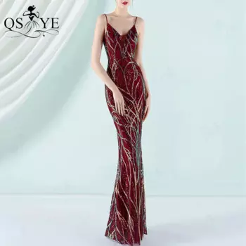 Темно-красные кружевные Выпускные платья с блестками на тонких бретельках с V-образным вырезом вечернее платье-Русалка облегающее строгое женское платье шикарное