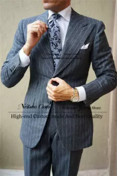 Темно-серые полосатые мужские пиджаки для выпускного вечера, комплекты из 2-х предметов, куртка и брюки, свадебные смокинги для жениха, жених, остроконечный лацкан, облегающий костюм Homme