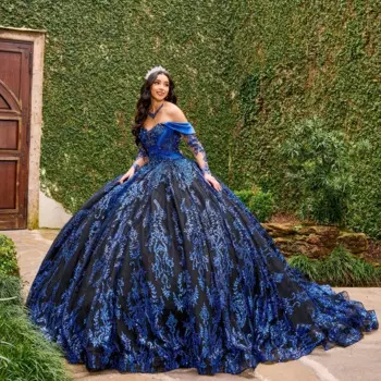 Темно-синие блестящие платья для Quinceanera, кружевной корсет с открытыми плечами и аппликацией, платье 15 лет, милое платье на шнуровке 16
