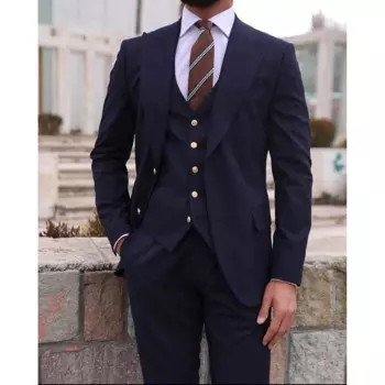 Темно-синие мужские костюмы из трех предметов, куртка, брюки, жилет, полный комплект, однобортный костюм с пиковыми лацканами, облегающий свадебный мужской костюм 2024