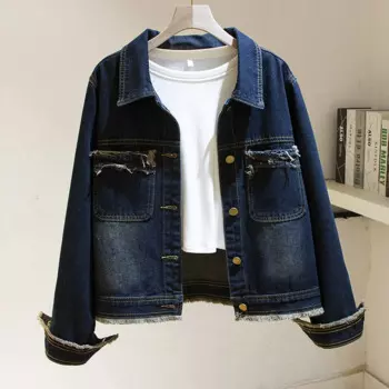 Темно-синяя джинсовая куртка с карманами и длинным рукавом, с подолом, потертостями, Женская свободная короткая джинсовая куртка, Женская Осенняя джинсовая куртка