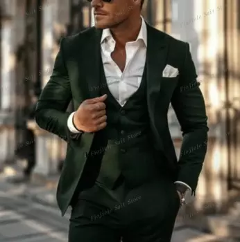Темно-зеленый мужской костюм для официального мероприятия, для жениха, для свадебной вечеринки, выпускного вечера, мужской костюм из 3 предметов, Блейзер, брюки, жилет