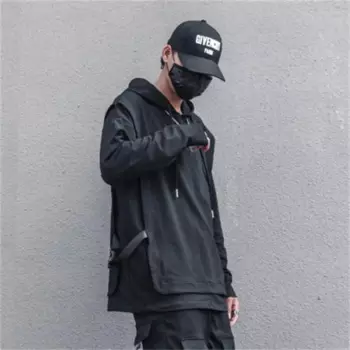 Темный персонаж чистая пряжа окрашенная лента зажим декоративные строчки рукав с шляпой свободная Осенняя Толстовка худи для танцев man