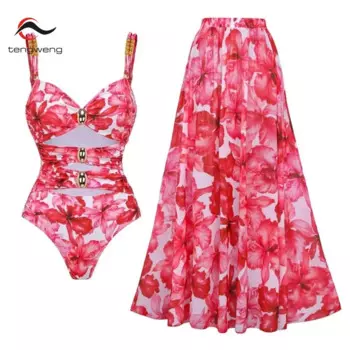 Tengweng 2024, Цельный купальник с объемными цветами и юбкой, купальники, Женское боди с эффектом пуш-ап, женский купальный костюм, купальный костюм, пляжная одежда