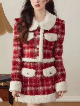Теплый французский винтажный комплект из двух предметов, Женский вечерний клетчатый элегантный костюм мини-юбки, Женский офисный костюм в стиле пэчворк, женская модель 2023