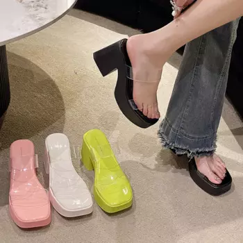 Thick Soled Thick Heeled Sandals Transparent Double Broadband Casual Slippers Large Size Sandals Women босоножки женские