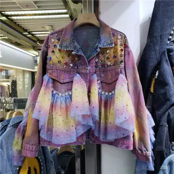 Tie Dye градиент цвета бриллианты сетчатая джинсовая куртка с карманами женская ковбойская верхняя одежда свободная короткая джинсовая куртка пальто женское