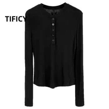 TIFICY High Street женская базовая однотонная базовая футболка с пряжкой, обычная черно-белая хлопковая трикотажная футболка с длинными рукавами, топы