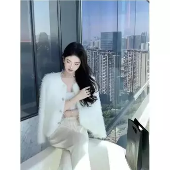 Tiktok качественный белый норковый вязаный кардиган, маленький короткий свободный свитер, пальто, женская одежда