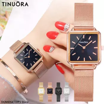 TINUORA новые стильные часы для женщин розовое серебро квадратный циферблат модный металлический ремешок кварцевые наручные часы платье простые часы relogio