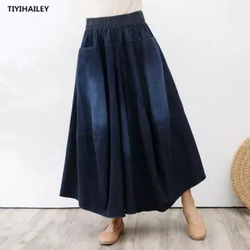 TIYIHAILEY-Женская винтажная юбка с карманами, длинная Макси-трапеция, эластичный пояс, джинсовые джинсы, плотные, зима, осень, 2024 г.