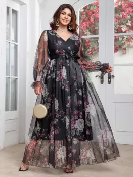 TOLEEN Плюс размер с цветочным принтом и v-образным вырезом, сетчатое лоскутное платье 2024, новые летние женские повседневные элегантные вечерние платья макси с длинными рукавами