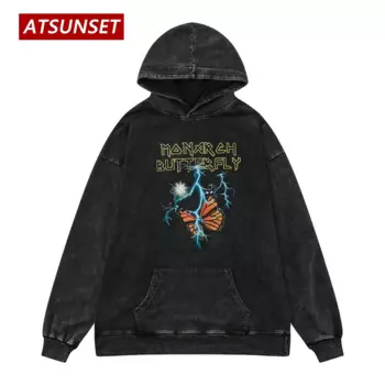 Толстовка ATSUNSET с принтом молнии и бабочки, Осенний хлопковый пуловер, уличный пуловер в стиле хип-хоп и ретро, толстовка с круглым вырезом и карманами, топы