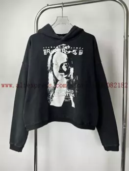 Толстовка с капюшоном для мужчин и женщин, потертый пуловер с принтом в виде портрета, эффект потертости, мопед, ткань, свитшот с капюшоном, 1:1