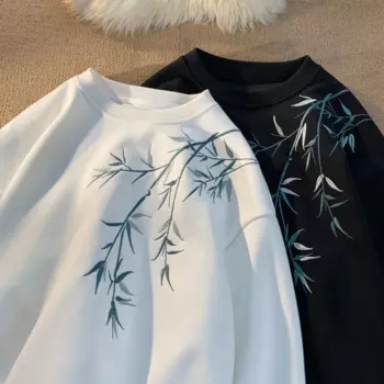 Толстовка с вышивкой бамбуковых листьев, новинка, осенняя Повседневная Толстовка с длинным рукавом, пуловер оверсайз с круглым вырезом, мужская одежда