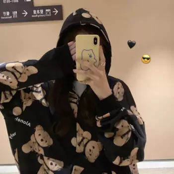 Толстовка в стиле Харадзюку на молнии, Свитшот оверсайз, Корейская повседневная спортивная одежда с карманами, милая толстовка, хлопковая Женская толстовка с капюшоном 2024 Kawaii Bear