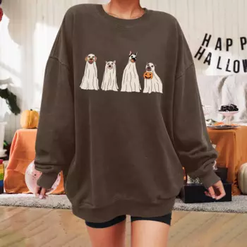 Толстовка женская оверсайз с рисунком Призрака и собаки, свитшот с графическим рисунком тыквы на Хэллоуин, флисовый Свободный пуловер с круглым вырезом и длинным рукавом