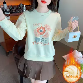 Толстовка Женская с круглым вырезом, утепленная плюшевая Толстовка с принтом, популярный топ на осень и зиму 2023, теплая куртка с длинным рукавом