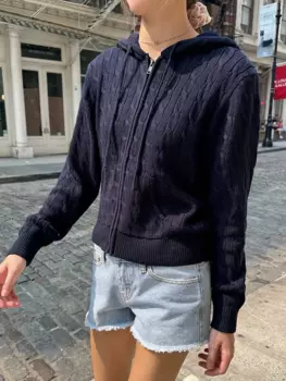 Тёмно-синяя трикотажная Женская толстовка с капюшоном и карманами