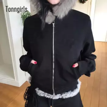 Tonngirls Y2k винтажный женский кардиган с капюшоном в стиле пэчворк с меховым воротником и капюшоном на молнии, толстовка 2000-х годов, японские пальто для девочек, зимние пальто