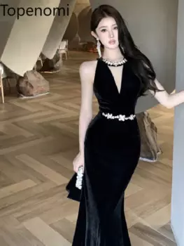 Topenomi элегантное бархатное вечернее платье со стразами и лямкой на шее, женское винтажное облегающее длинное платье русалки с высокой талией, черное платье