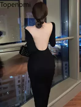 Topenomi осенние сексуальные большие женские платья с открытой спиной, элегантные французские облегающие вечерние платья с высокой талией и длинным рукавом
