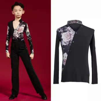 Топы для латиноамериканских танцев для мальчиков, черная модель, танцевальный костюм с длинным рукавом для сальсы, сценический костюм брюки для бальных танцев DL7773