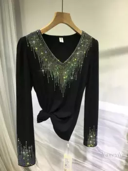 Тяжелая футболка Стразы с вышивкой Женская матовая Спортивная тонкая черная футболка с V-образным вырезом хлопковая футболка с длинными рукавами весна 2023