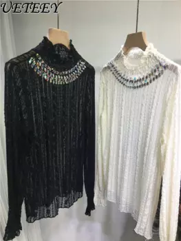 Тяжелая промышленная рубашка с бисером, женская футболка, дышащая кружевная рубашка с облегающим воротником, футболка с длинными рукавами, Топ