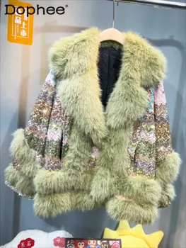 Тяжелая промышленная теплая куртка средней длины с блестками и вышивкой Новинка Осень-зима 2024 универсальное свободное Женское пальто из искусственного меха