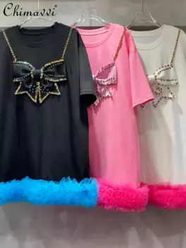 Тяжелая промышленность, сетчатая Кружевная футболка средней длины, Новинка лета 2024, модная свободная стройнящая женская футболка с круглым вырезом и коротким рукавом