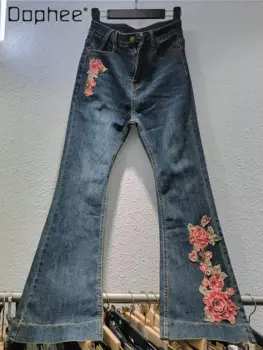 Тяжелая промышленность вышивка цветок Высокая талия узкие эластичные джинсы 2024 весна и осень Новые расклешенные брюки синие джинсы для женщин